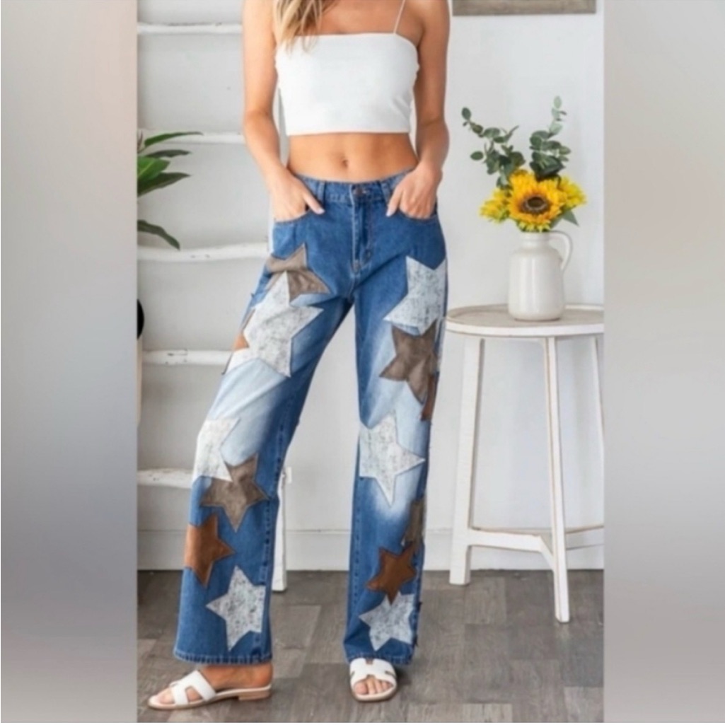 Oli And Hali Vegan Star Patterned Blue Jeans Small New